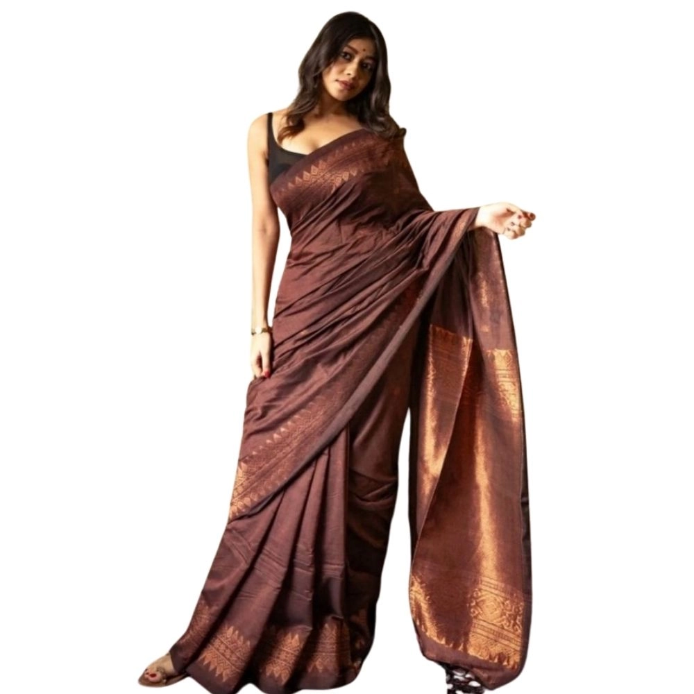 Women's Silk Printed Saree with Blouse – Coffee