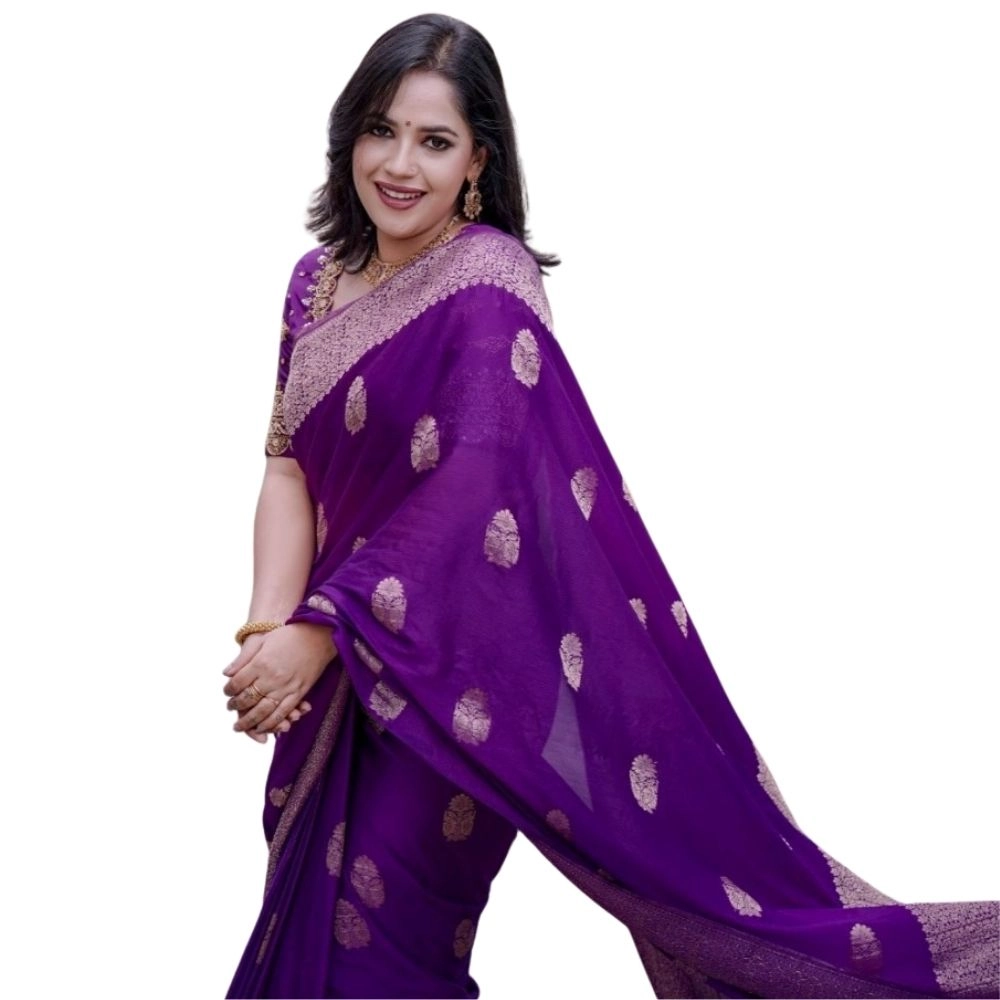 Women's Silk Printed Saree with Blouse – Purple