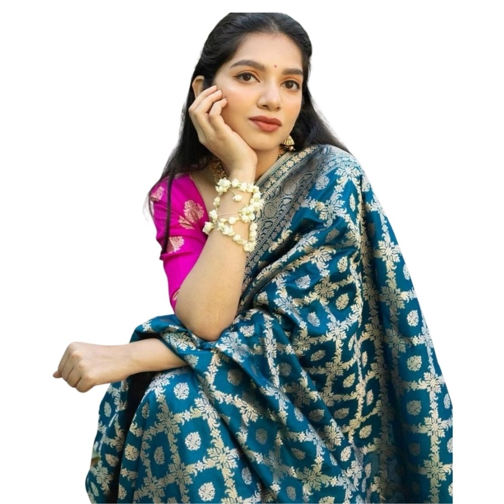 Women's Silk Printed Saree with Blouse – Sky Blue