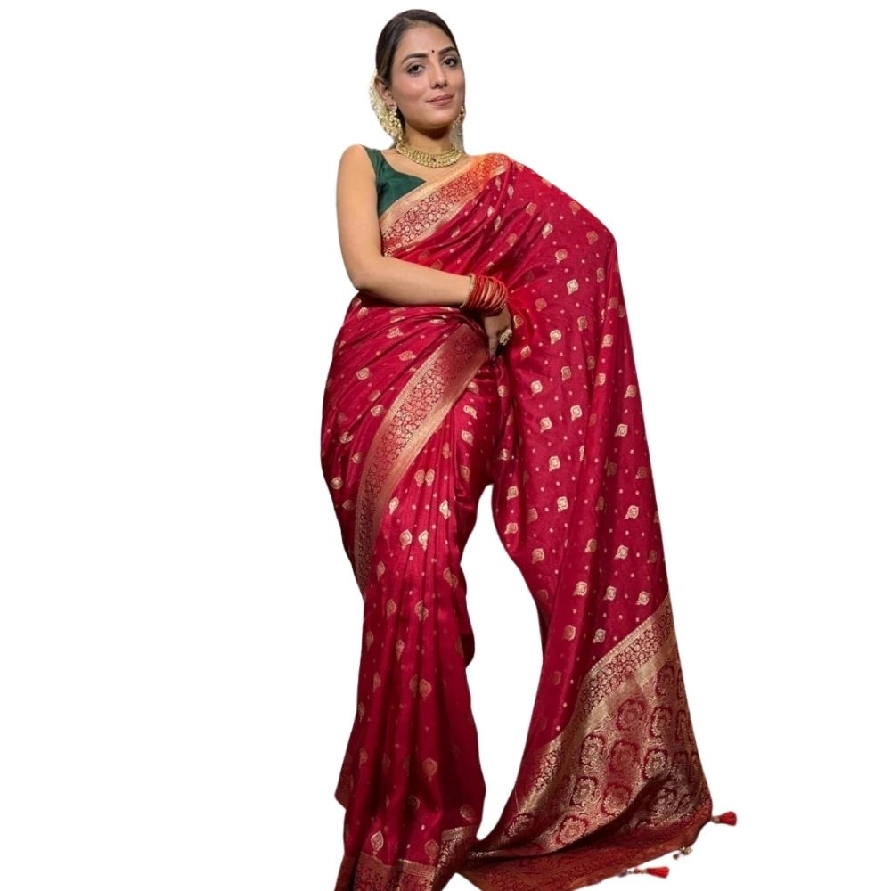 Women's Silk Printed Saree with Blouse – Red