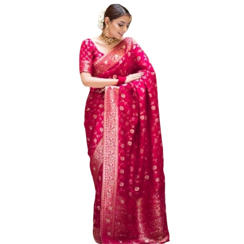 Women's Silk Printed Saree with Blouse – Rani Pink