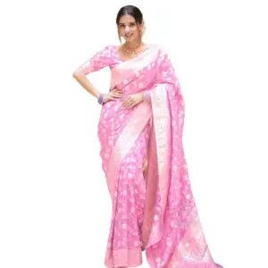 Women's Silk Printed Saree with Blouse – Pink