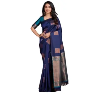Women's Silk Printed Saree with Blouse – Navy Blue