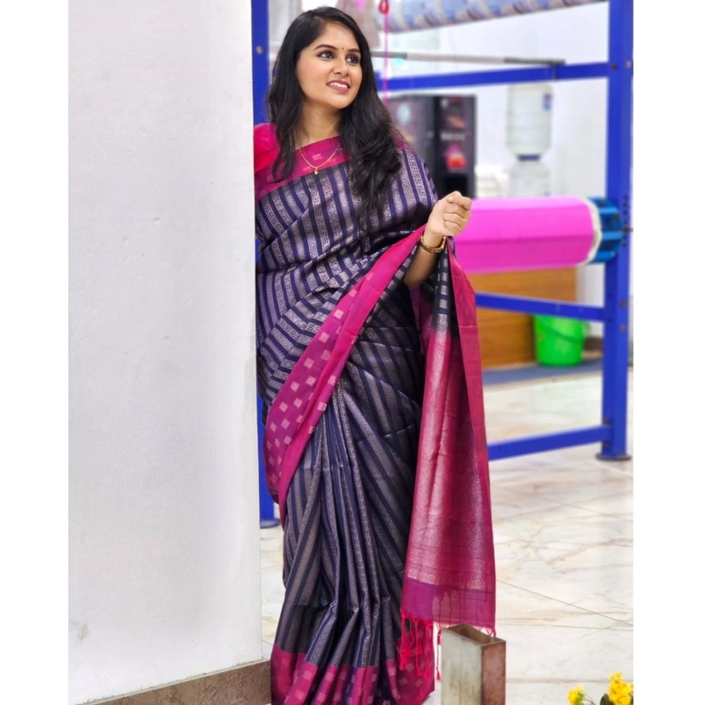 Women's Silk Printed Saree with Blouse – Navy Blue