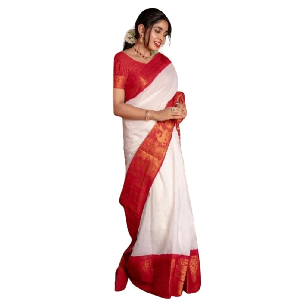 Women's Silk Printed Saree with Blouse – White