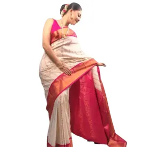 Women's Silk Printed Saree with Blouse – White-Pink