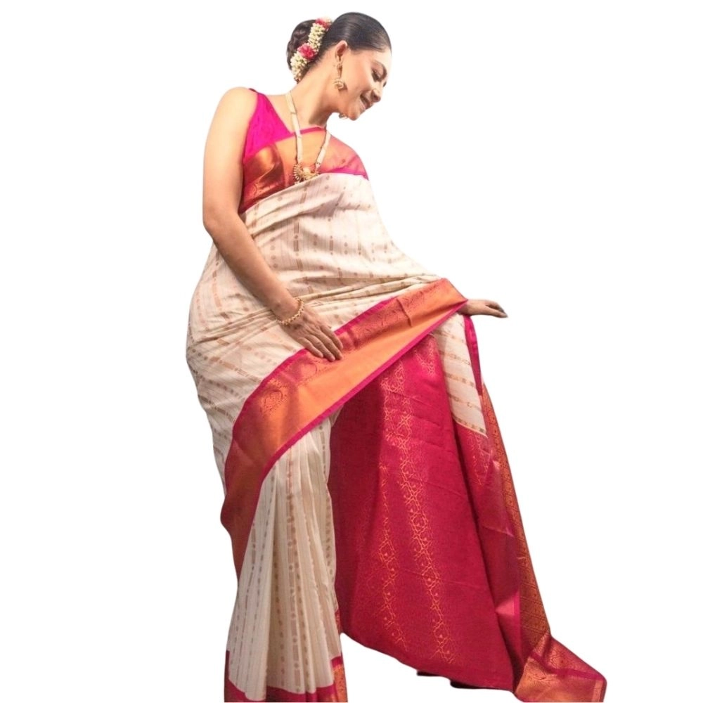 Women's Silk Printed Saree with Blouse – White-Pink