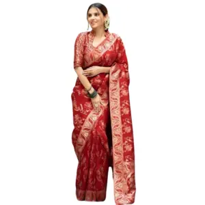 Women's Silk Printed Saree with Blouse – Red