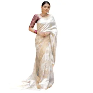 Women's Silk Printed Saree with Blouse – White