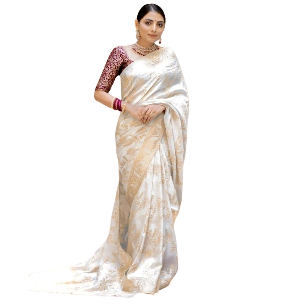 Women's Silk Printed Saree with Blouse – White