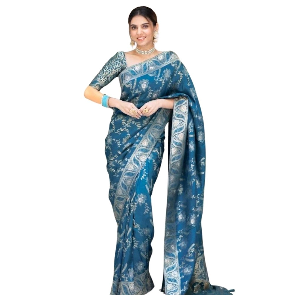 Women's Silk Printed Saree with Blouse – Teal Blue