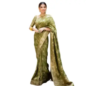 Women's Silk Printed Saree with Blouse – Olive Green