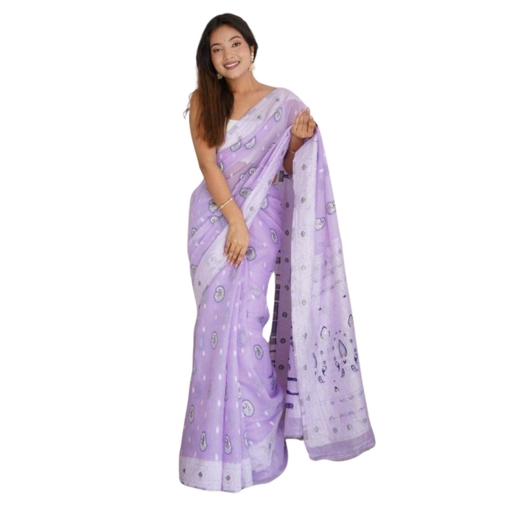 Women's Cotton Printed Saree with Blouse – Lavender