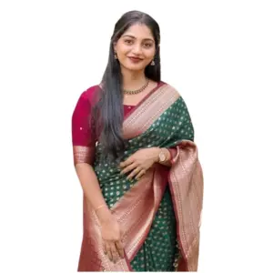 Women's Silk Printed Saree with Blouse – Green-Red