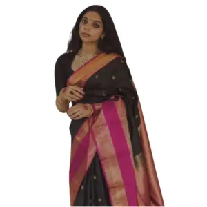 Women's Silk Printed Saree with Blouse – Black-Pink