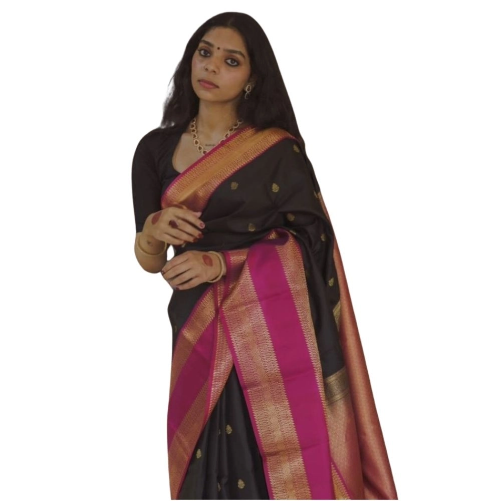 Women's Silk Printed Saree with Blouse – Black-Pink