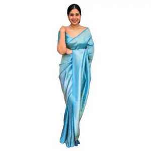 Women's Silk Printed Saree with Blouse – Sky Blue