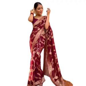 Women's Silk Printed Saree with Blouse – Maroon