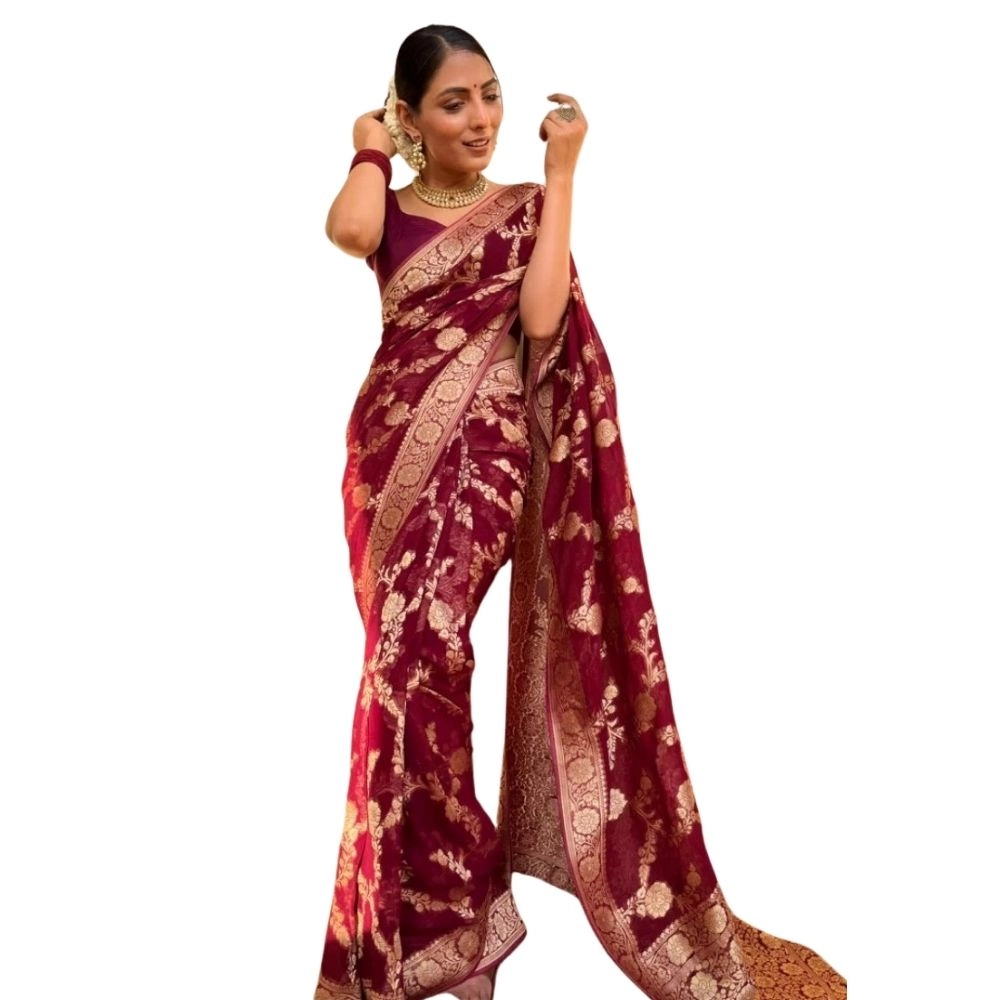 Women's Silk Printed Saree with Blouse – Maroon