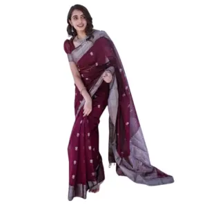 Women's Cotton Printed Saree with Blouse – Maroon