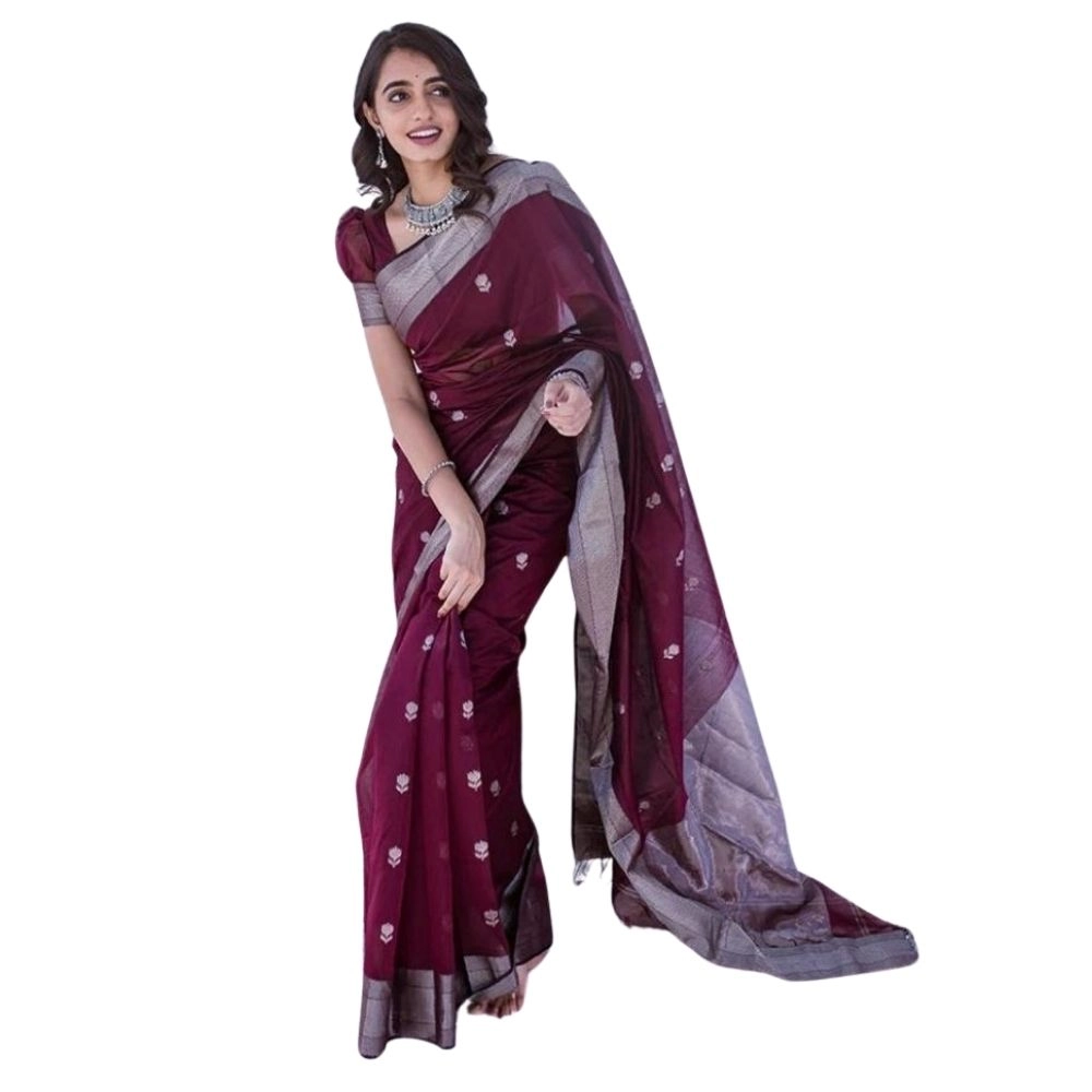 Women's Cotton Printed Saree with Blouse – Maroon