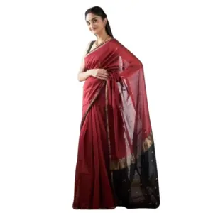 Women's Cotton Printed Saree with Blouse – Red