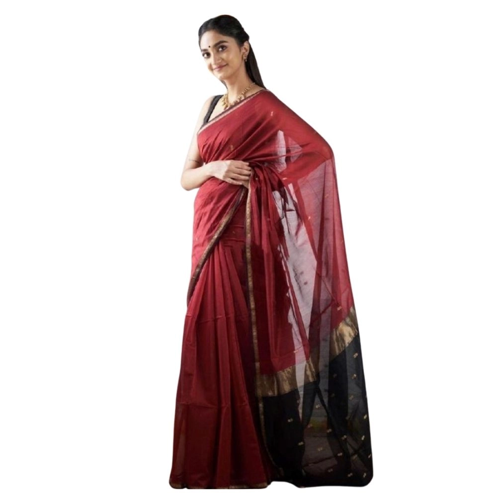 Women's Cotton Printed Saree with Blouse – Red