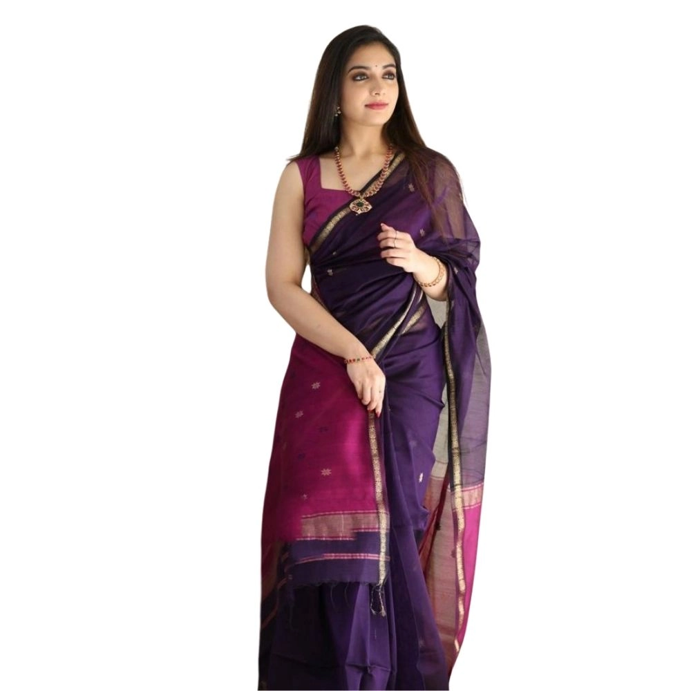 Women's Cotton Printed Saree with Blouse – Navy Blue