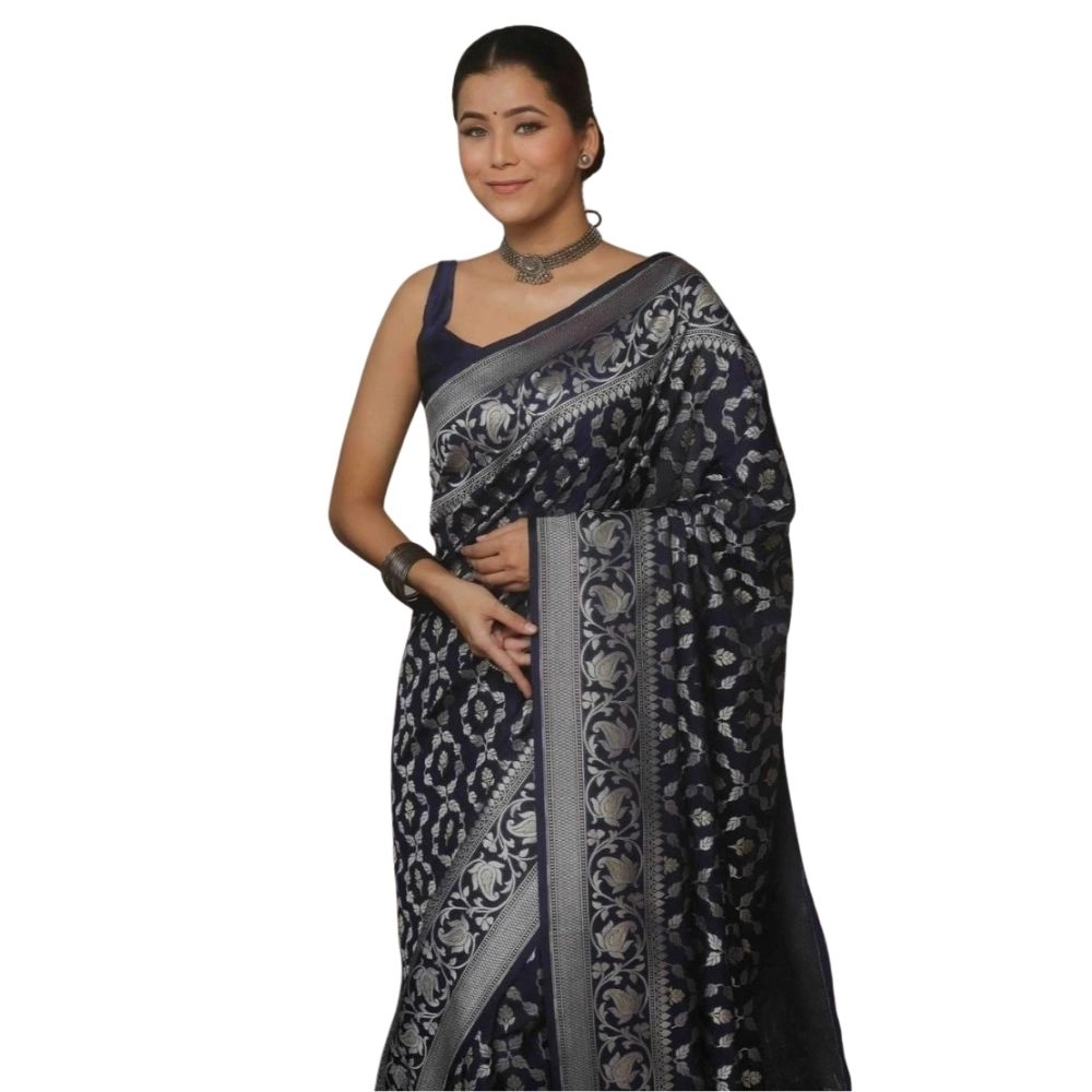 Women's Silk Printed Saree with Blouse – Navy Blue