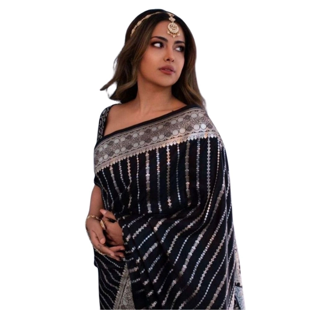 Women's Silk Printed Saree with Blouse – Black