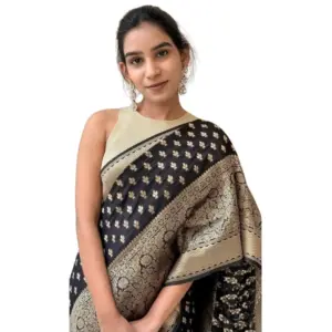 Women's Silk Printed Saree with Blouse – Black