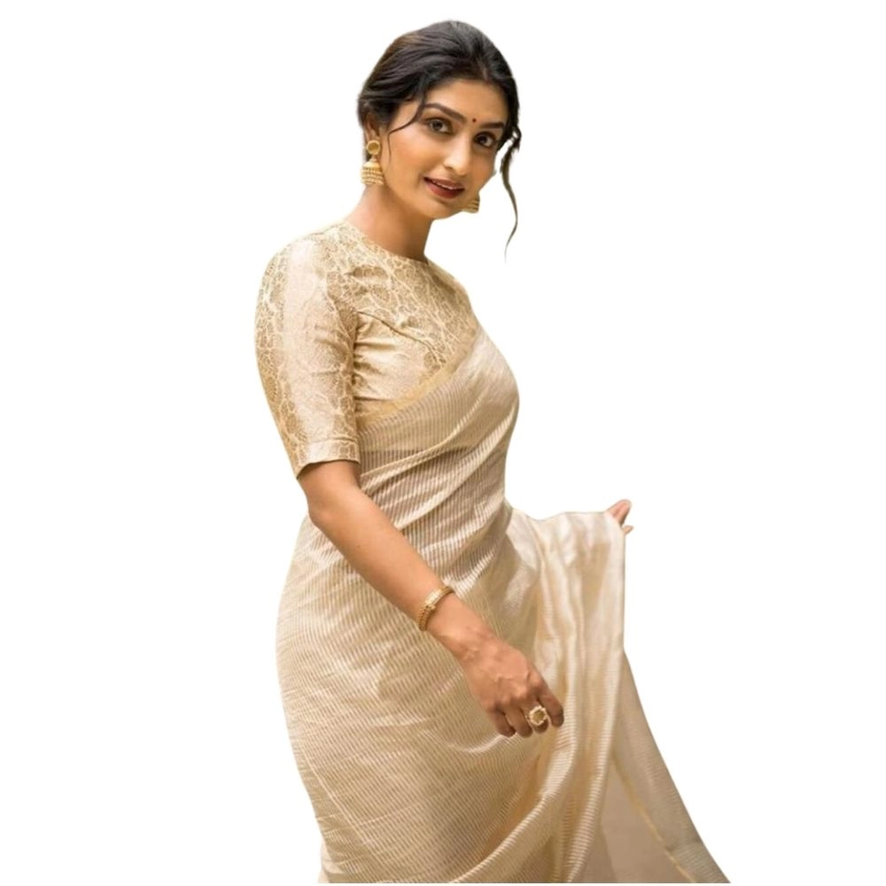 Women's Silk Printed Saree with Blouse – Off White