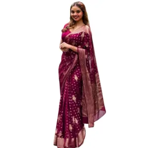 Women's Silk Printed Saree with Blouse – Wine