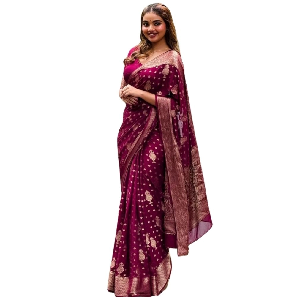 Women's Silk Printed Saree with Blouse – Wine
