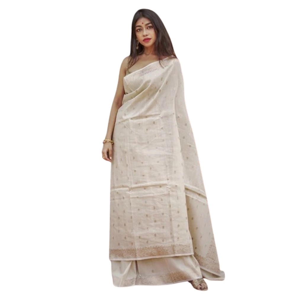 Women's Cotton Printed Saree with Blouse – Cream