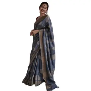 Women's Silk Printed Saree with Blouse – Grey
