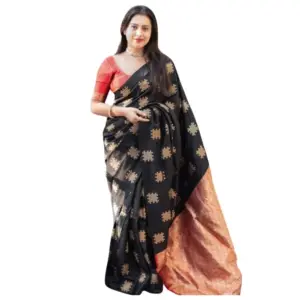 Women's Silk Printed Saree with Blouse – Black-Orange