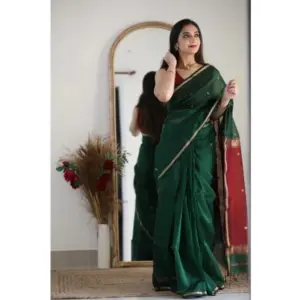 Women's Cotton Printed Saree with Blouse – Dark Green