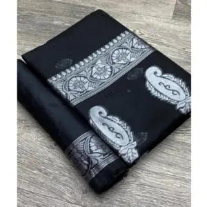 Women's Cotton Printed Saree with Blouse – Black