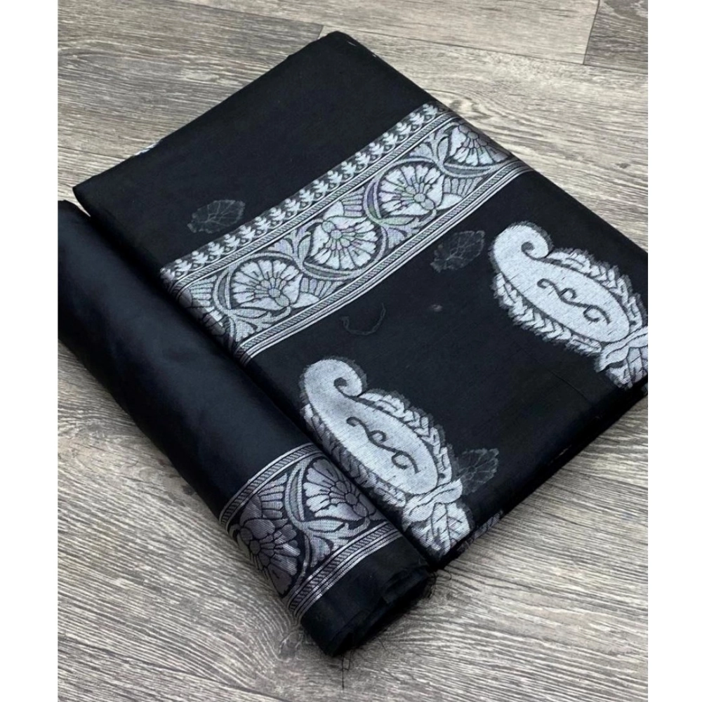 Women's Cotton Printed Saree with Blouse – Black