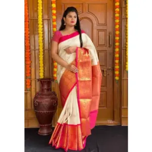 Women's Soft Lichi Silk Printed Saree with Blouse – Cream