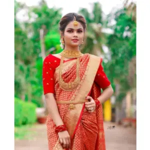 Women's Soft Lichi Silk Printed Saree with Blouse – Red