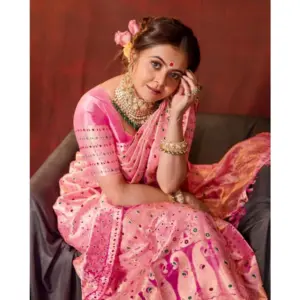Women's Soft Lichi Silk Printed Saree with Blouse – Pink