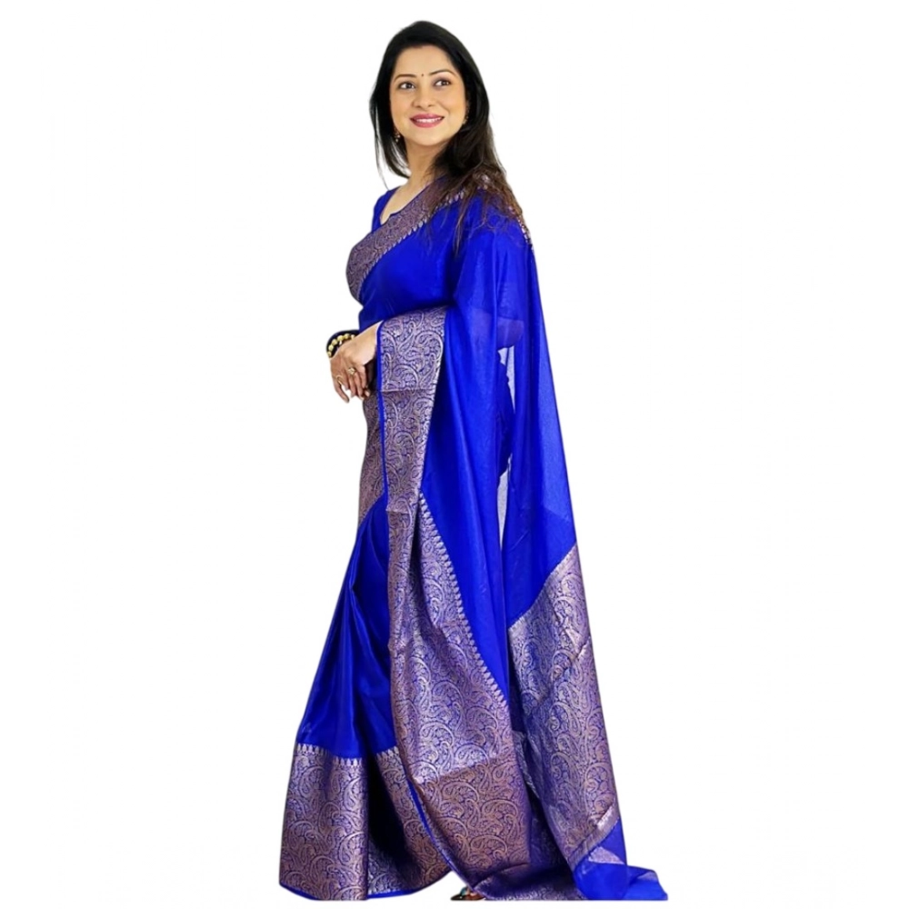 Women's Soft Lichi Silk Solid Saree with Blouse – Blue