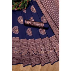 Women's Soft Lichi Silk Printed Saree with Blouse – Navy Blue