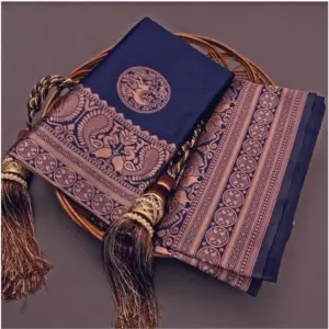 Women's Soft Lichi Silk Printed Saree with Blouse – Navy Blue