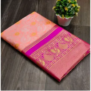 Women's Soft Lichi Silk Printed Saree with Blouse – Pink