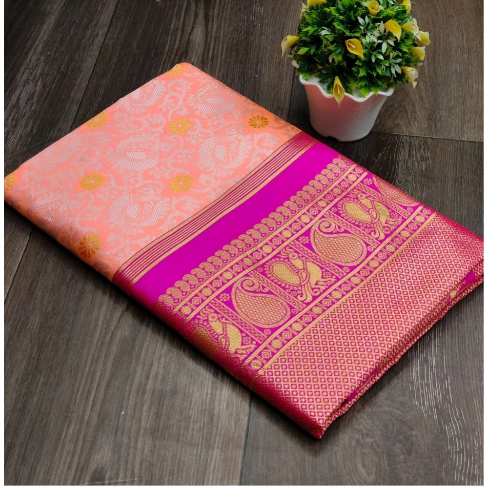 Women's Soft Lichi Silk Printed Saree with Blouse – Pink