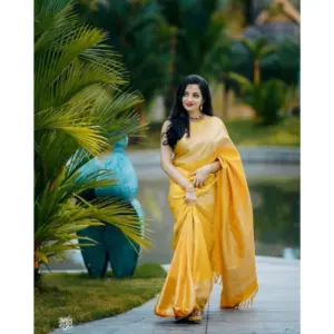 Women's Soft Lichi Silk Printed Saree with Blouse – Yellow