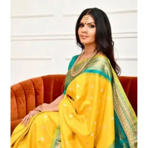 Women's Soft Lichi Silk Printed Saree with Blouse – Yellow